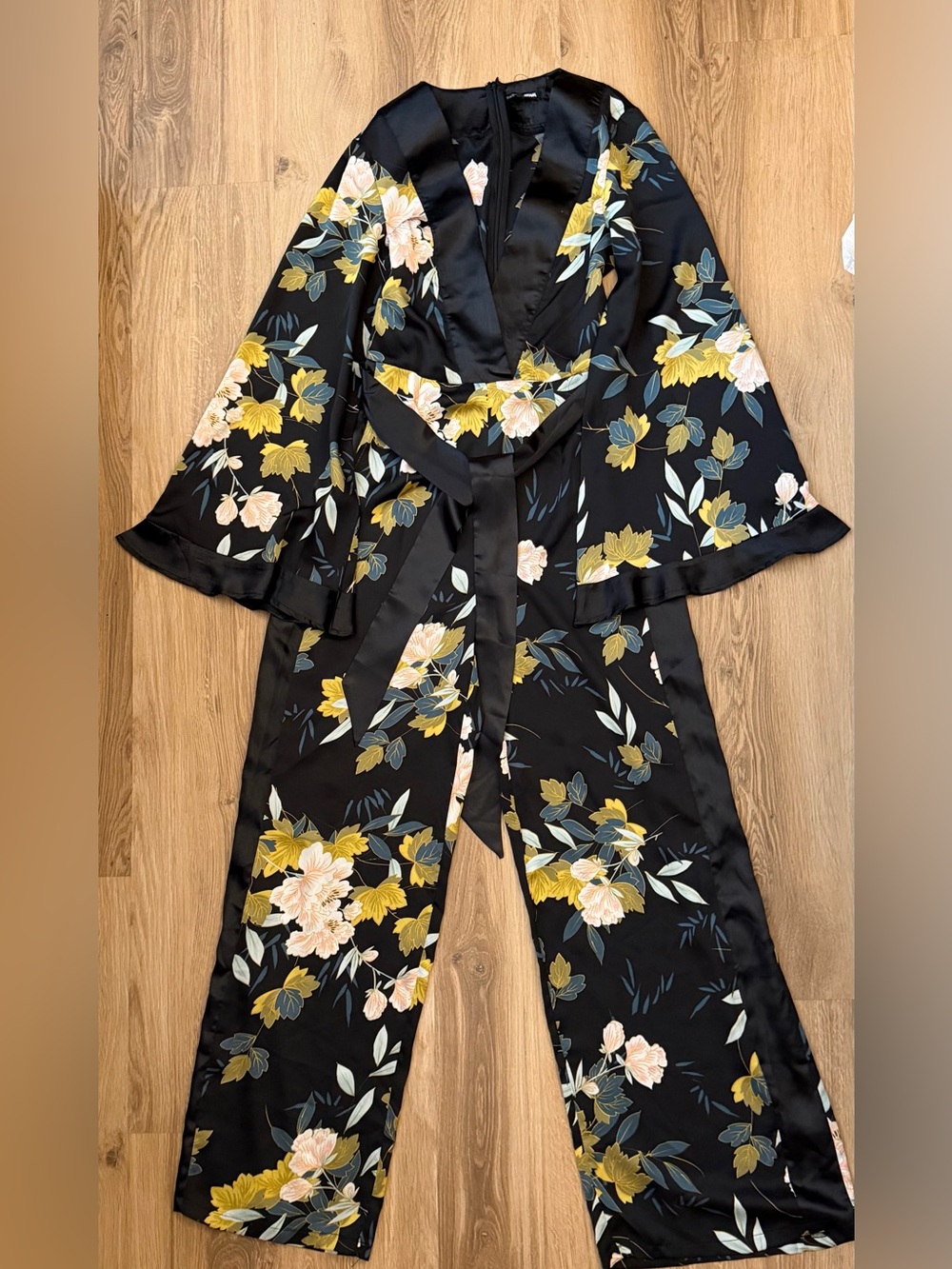 Fashion Nova Black Floral Satin Wide-Leg Jumpsuit with Belt